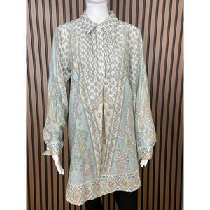 Soft Surroundings Tabitha Women's Blouse Tunic Top L Green Paisley Floral Button
